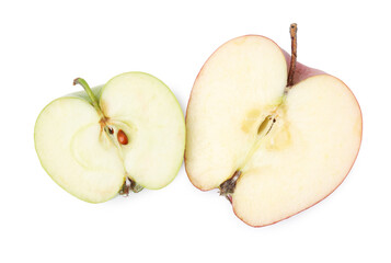 Pieces of ripe apples isolated on white, top view