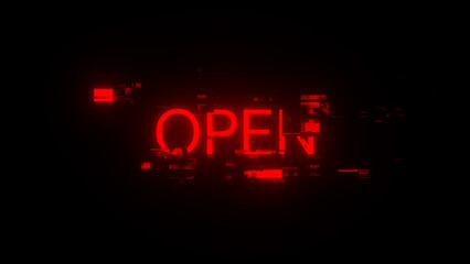3D rendering open text with screen effects of technological glitches