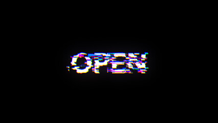 3D rendering open text with screen effects of technological glitches