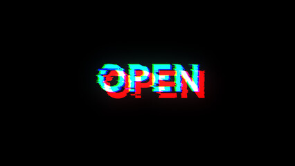 3D rendering open text with screen effects of technological glitches