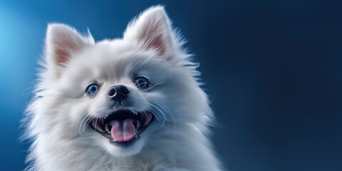 White Cute Dog On Blue Background