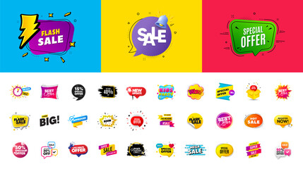 Best discount offer banners. Price deal sale stickers. Black friday special offer tags. Flash sale bubble coupon. Promotion discount banner templates design. Buy offer sticker, thunder bolt. Vector