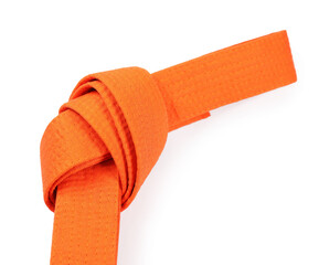Orange karate belt isolated on white. Martial arts uniform