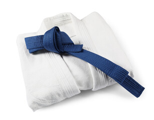 Martial arts uniform with blue belt isolated on white