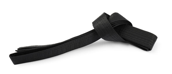 Black karate belt isolated on white. Martial arts uniform