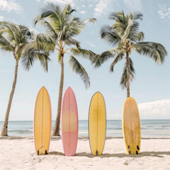 Surfboard and palm tree on beach background. Summer vacation concept. Vintage style