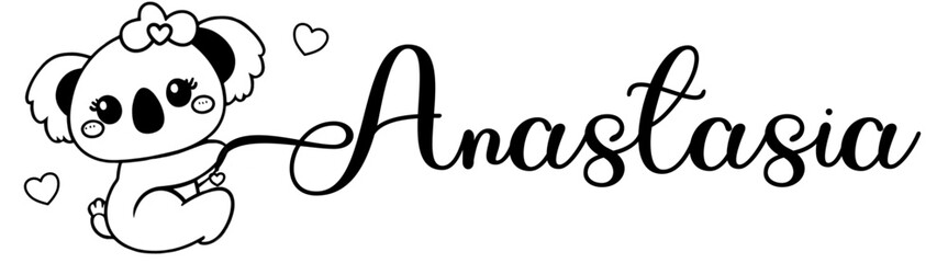 Anastasia - black color - name written - Word with Koala kawaii for websites, baby shower, greetings, banners, cards, t-shirt, sweatshirt, prints, cricut, silhouette, sublimation
