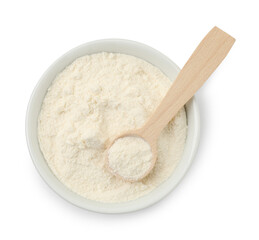 Fototapeta na wymiar Baking powder in bowl and spoon isolated on white, top view