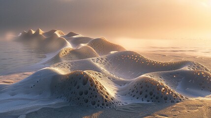 Sand dunes along the shoreline at sunrise, shrouded in a gentle mist, the air cool and crisp, seagulls calling in the distance - obrazy, fototapety, plakaty