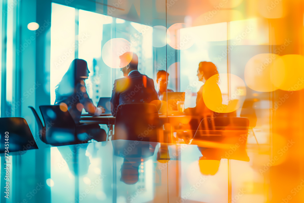 Wall mural Corporate people working together in the conference room of their office, sharing idea and planning the business strategy of their company - Teamwork and brainstorming abstract concept