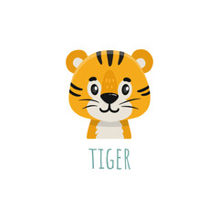  funny cute tiger isolated on white. Flat cartoon animal. Doodle illustration of tiger head for cards, magazins, banners. Vector