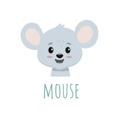 funny cartoon mouse isolated on white. Flat cute animal. Doodle illustration of mouse head for cards, magazins, banners. Vector