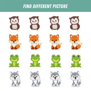 Find different animals in each row. Logical game for kids. Cartoon owl, fox, frog, wolf.  Vector