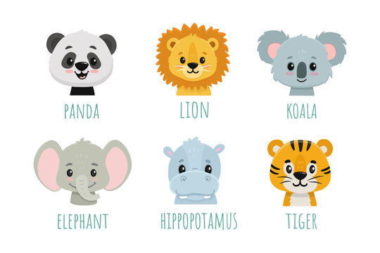 set of funny animals isolated on white. Flat cute animals. Doodle illustration of panda head, lion, koala bear, elephant, hippo and tiger for cards, magazins, banners. Vector 