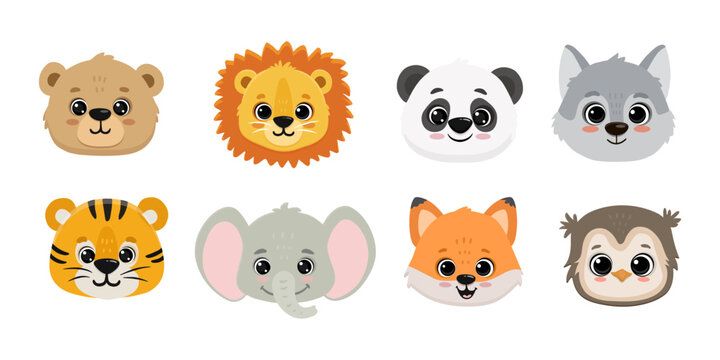 set of funny cartoon animals. Flat cute animals. Doodle illustration of panda head, lion, koala bear, elephant, hippo,tiger, fox,wolf and owl for cards, magazins, banners. Vector 