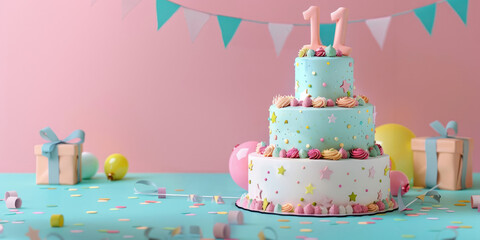 11th years birthday colorful cake with candles and birthday balloons, party pastel background. Space for text