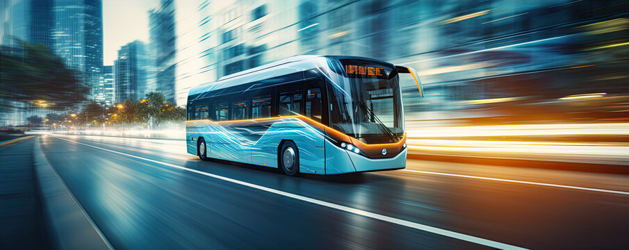 bus of futuristic design in motion and blured city