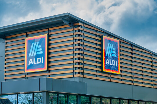 Aldi supermarket shop front with logo