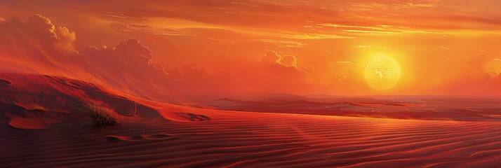 In the Sahara, sand dunes stretch out under the setting sun, casting long shadows as wispy clouds...