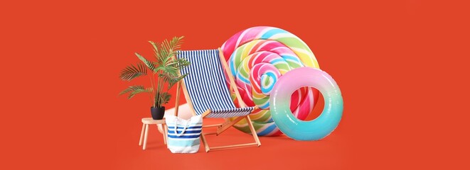 Swimming mattress, inflatable ring, deck chair and beach accessories on orange background