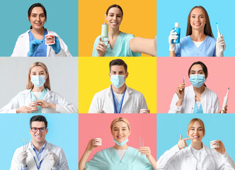 Collage of many dentists on color background