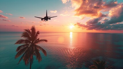 Capturing the magical moment of an airplane flying above a tropical sea as the sun sets