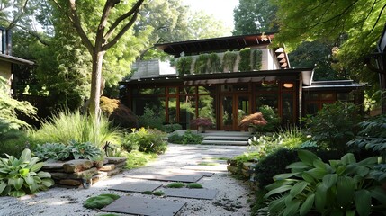 a house with a large lawn and a stone walkway