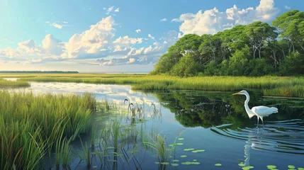 Foto op Plexiglas Springtime on Cape Cod, with vibrant marshlands teeming with wildlife, including herons wading in shallow waters, and lush greenery reflecting in calm ponds © malik