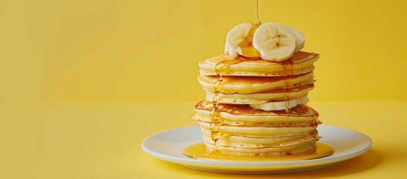 A stack of pancakes with banana and honey drizzled on top, with a white plate underneath against an isolated pastel yellow background Generative AI