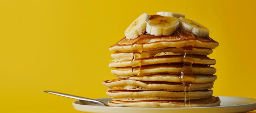 A stack of pancakes with banana and honey drizzled on top, on white plate against yellow background It's an ideal visual for creating vibrant breakfast advertising images or kitchen decor Generative A