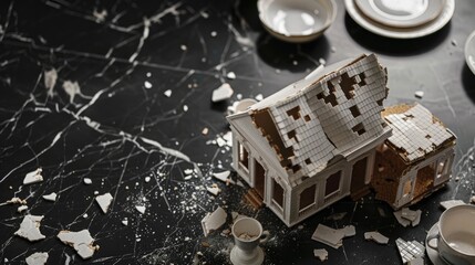 A poignant scene showcasing a small house model amidst shattered dishes on a dark table