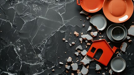 A poignant scene showcasing a small house model amidst shattered dishes on a dark table - obrazy, fototapety, plakaty