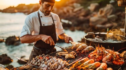 A chef preparing a mouthwatering seafood barbecue feast by the sea.