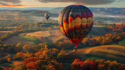 Obraz premium A colorful hot air balloon ride over patchwork fields and rolling hills.