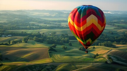A colorful hot air balloon ride over patchwork fields and rolling hills.