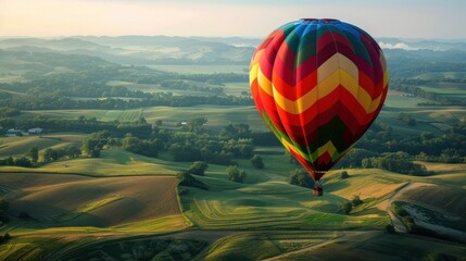 Obraz premium A colorful hot air balloon ride over patchwork fields and rolling hills.