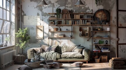 The interior of a messy living room featuring shelf units and a sofa near a light wall, reflecting a lived-in and cozy atmosphere