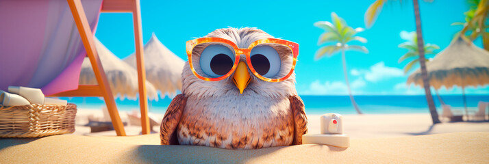 Banner with Owl on the beach. Cute cartoon bird in sunglasses rests on a tropical island against...