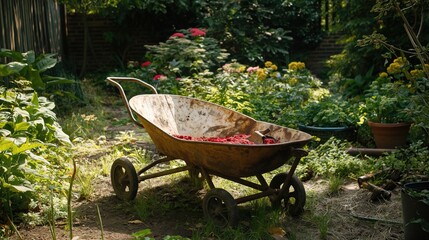 A lawn mower parked on grass in front of a house