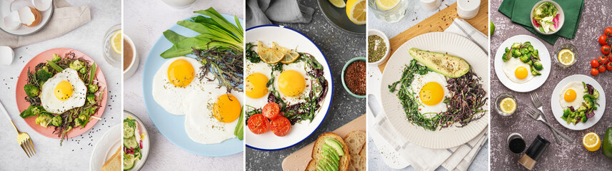 Collage of tasty fried eggs with fresh vegetables on table, top view