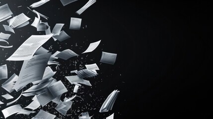 A dynamic scene of many flying business documents isolated on a black background, capturing the chaos and movement of paperwork in motion