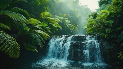 An adventurous jungle trek through lush greenery and cascading waterfalls. - obrazy, fototapety, plakaty