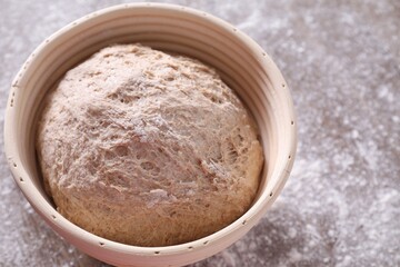 Fresh sourdough in proofing basket on table. Space for text