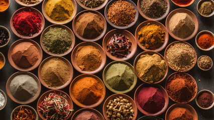 View of oriental spices in clay pots, different colors.
