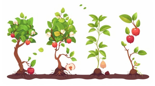 An illustrative depiction of the growth cycle of an apple tree, from a sprouting seedling to a fruit-bearing bush
