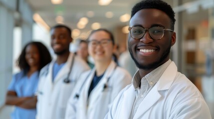 A professional African American doctor with his medical team. Multiethnic Medical Care