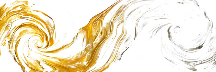 Metallic gold and silver watercolor paint swirl on transparent background.