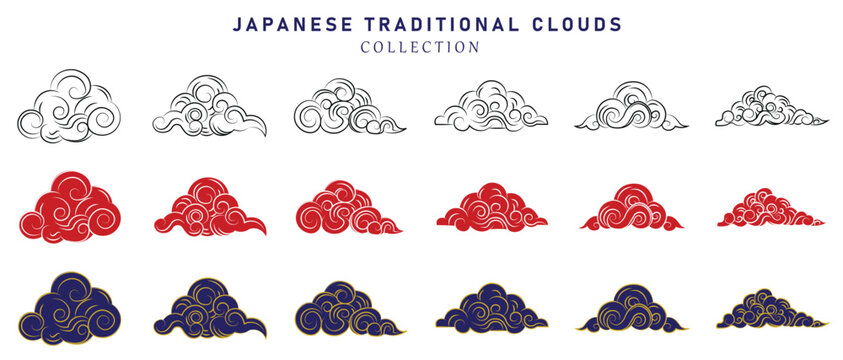 vector set of clouds in traditional japanese or chinese style, design elements, cloud icons collection