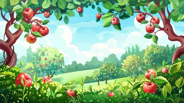 A whimsical vector background depicting an apple orchard with detailed twigs, fruits, and leaves