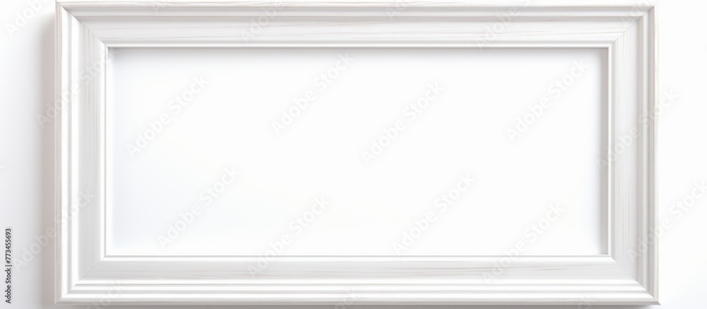 Poster a close up of a simple white frame hanging on a plain white wall, creating a minimalistic and elegan